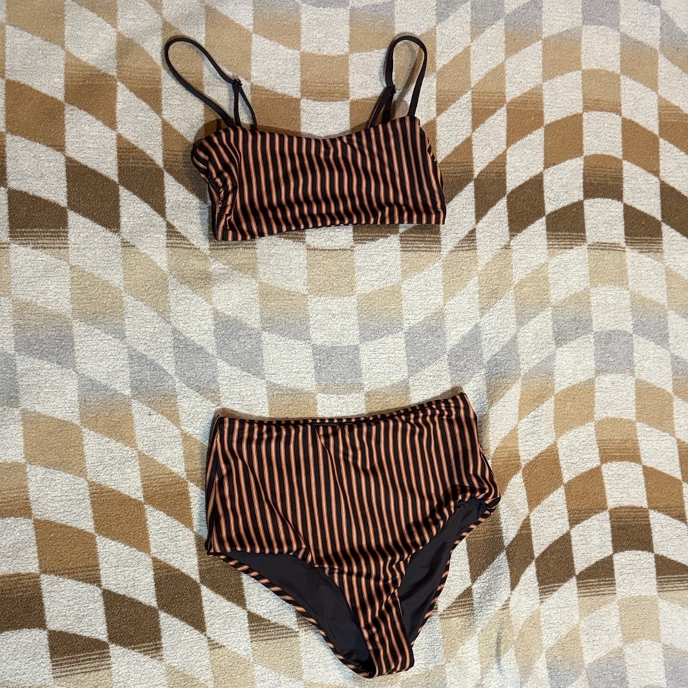 Patagonia Sunrise Slider Top and Bottom Striped Brown and Black Bikini Set